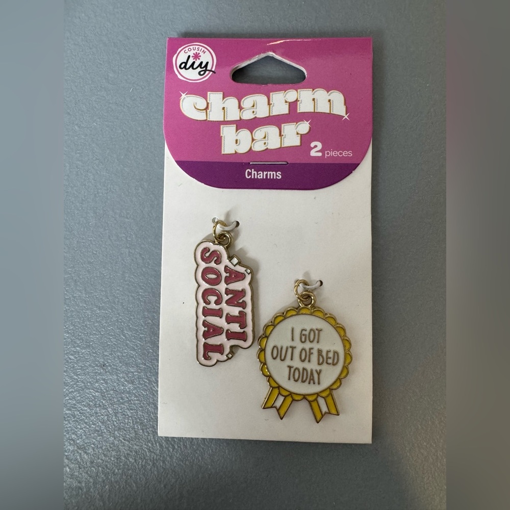 🛍️any 5 items for $15🛍️ charm bar anti social and I get out of bed today charms